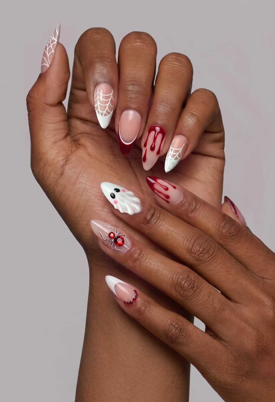 3d Ghost And Red Rhinestone Spider Halloween Nails