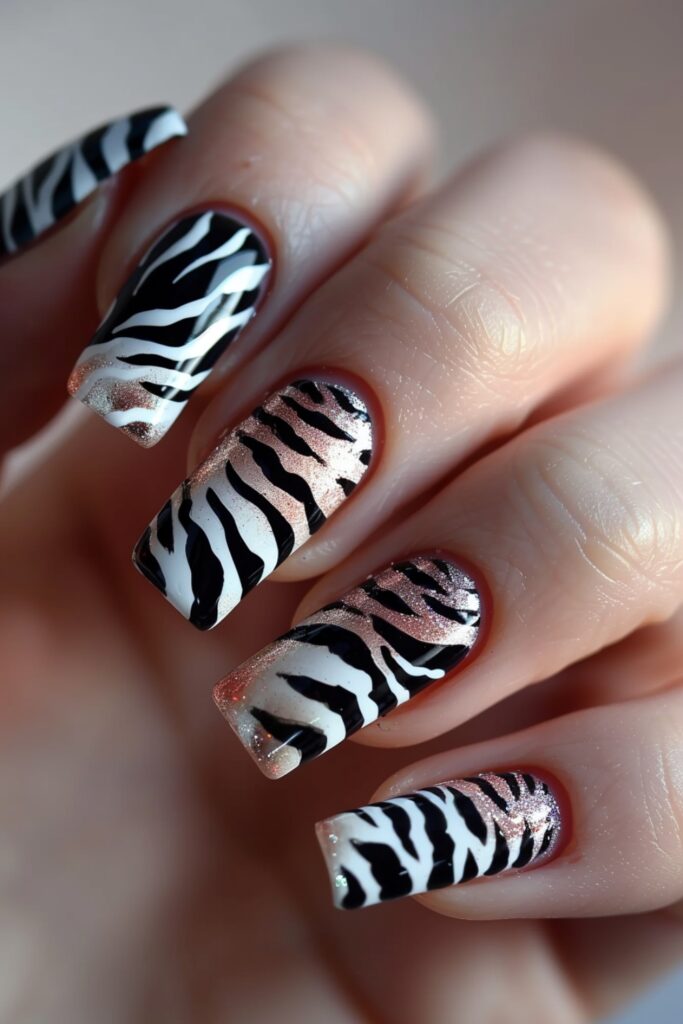 stunning and eye-catching pink and black zebra nails nail decoration featuring refined color selection with elegant nail shape, with wild zebra print nail design