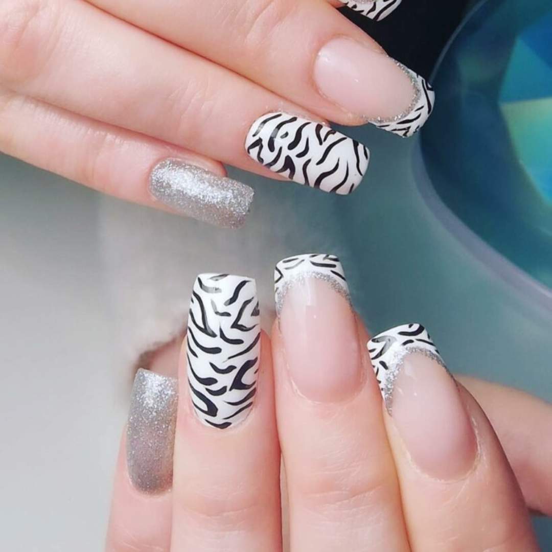 creative and artistic zebra nails french tip nail art technique with elegant color scheme with sophisticated nail styling, showcasing classic French tip elegance