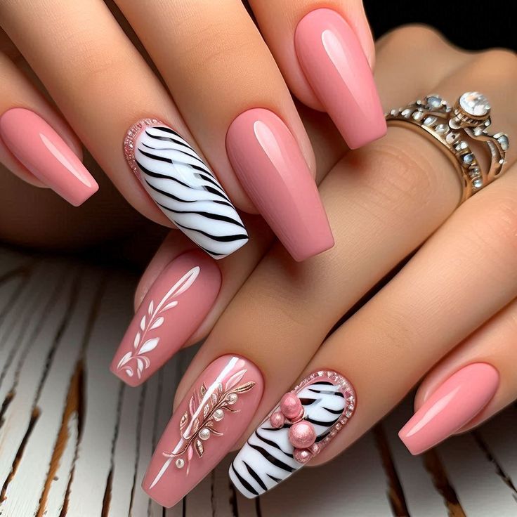 trendy and contemporary pink zebra nails nail design featuring stunning color palette on beautifully manicured nails, with wild zebra print nail design