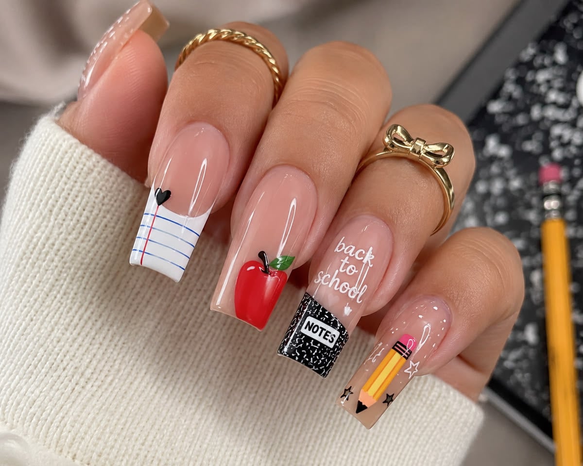 Long square acrylic nails with bright yellow pencil graphics and glossy finish for back to school.