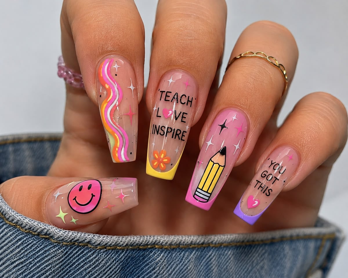 Coffin acrylic nails with soft pastel blue gel polish and school supplies art for back to school.