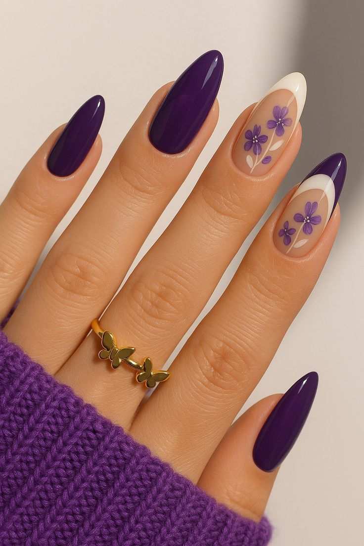 Almond Nails Deep Purple Floral French