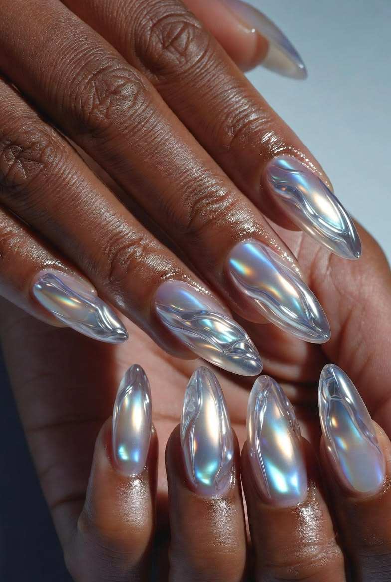Almond Nails Holographic 3d Chrome Ripple