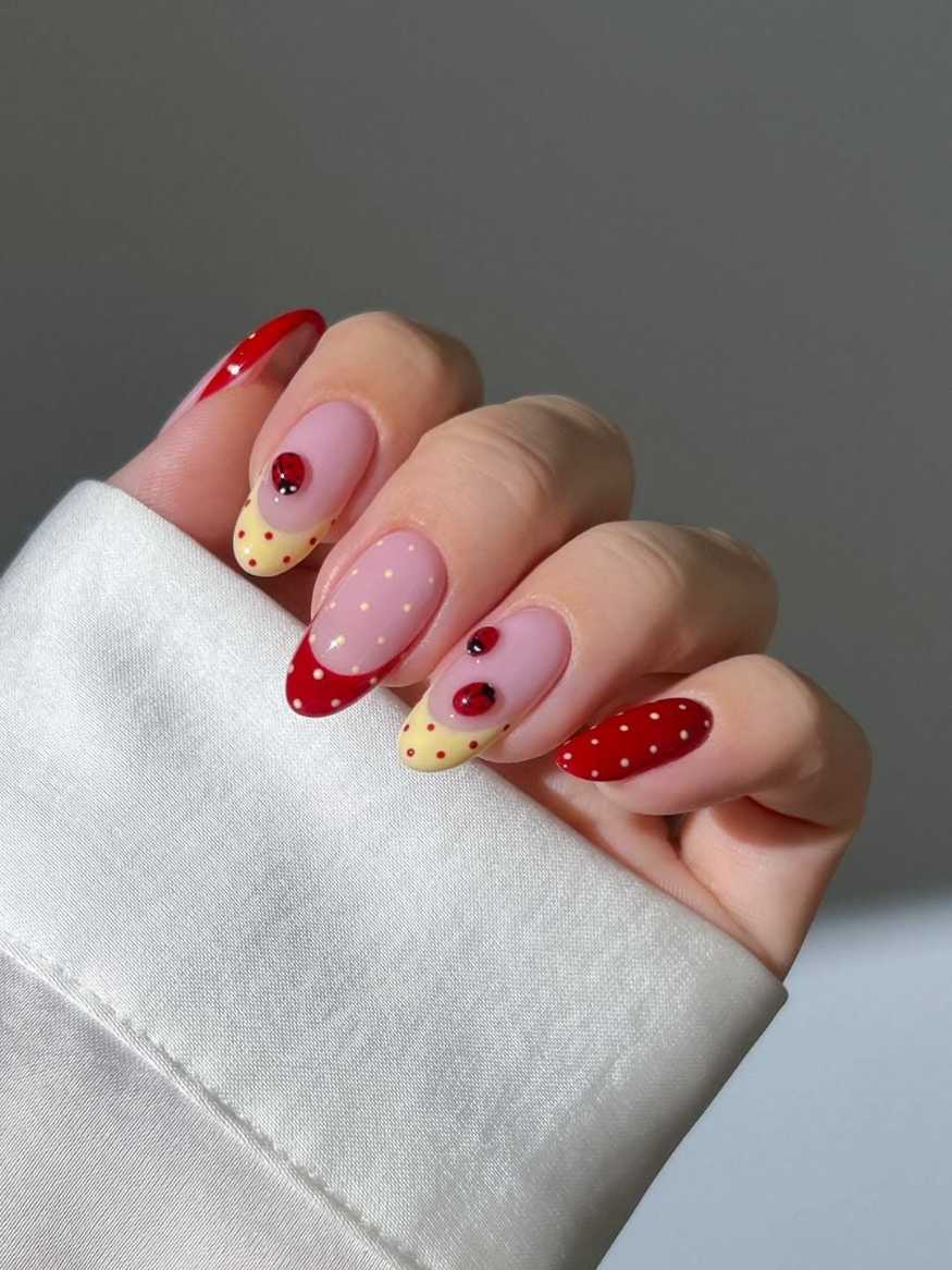 Almond Nails Ladybug Polka Dot French