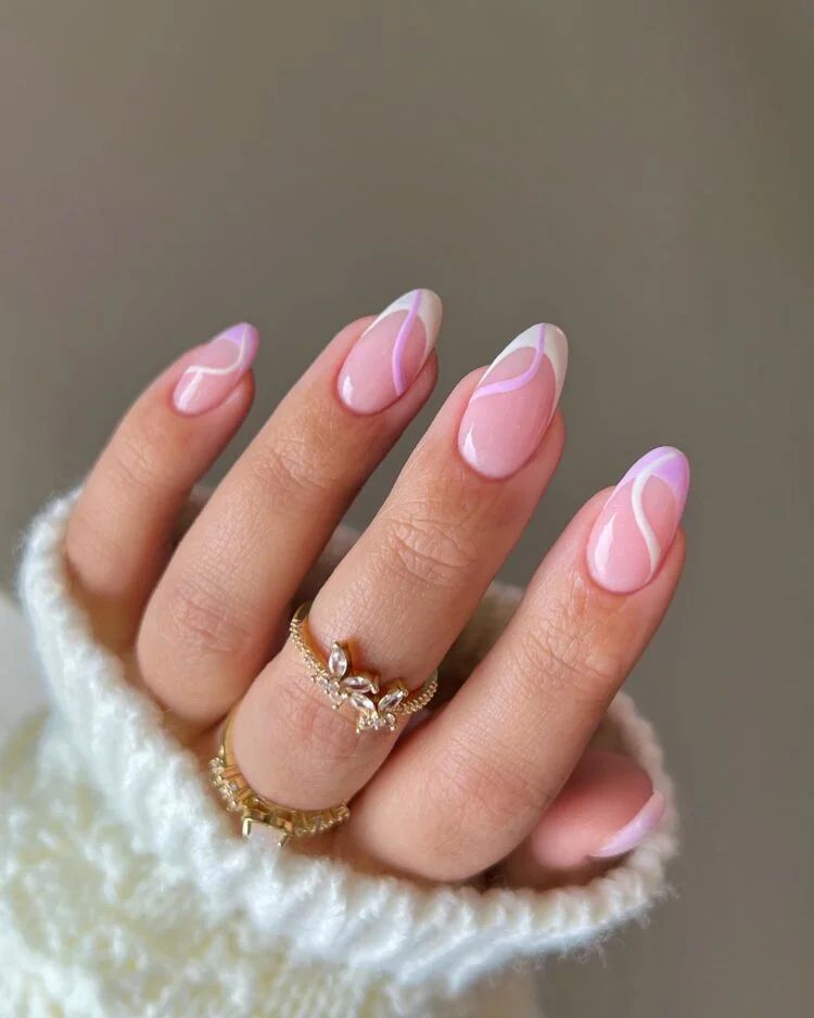 Almond Nails Lilac Abstract Swirl French