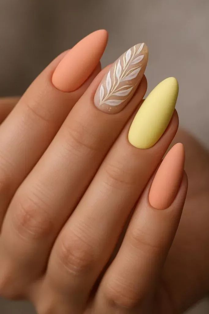 Almond Nails Matte Peach Yellow Botanical Leaf