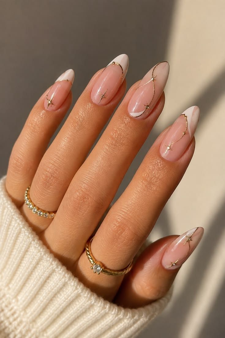 Almond Nails Nude Gold Celestial French