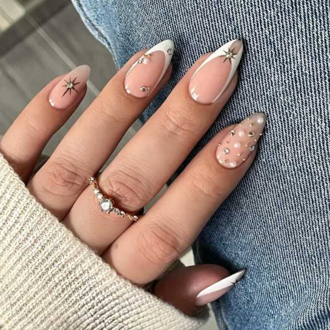 Almond Nails Pearl Rhinestone Celestial French