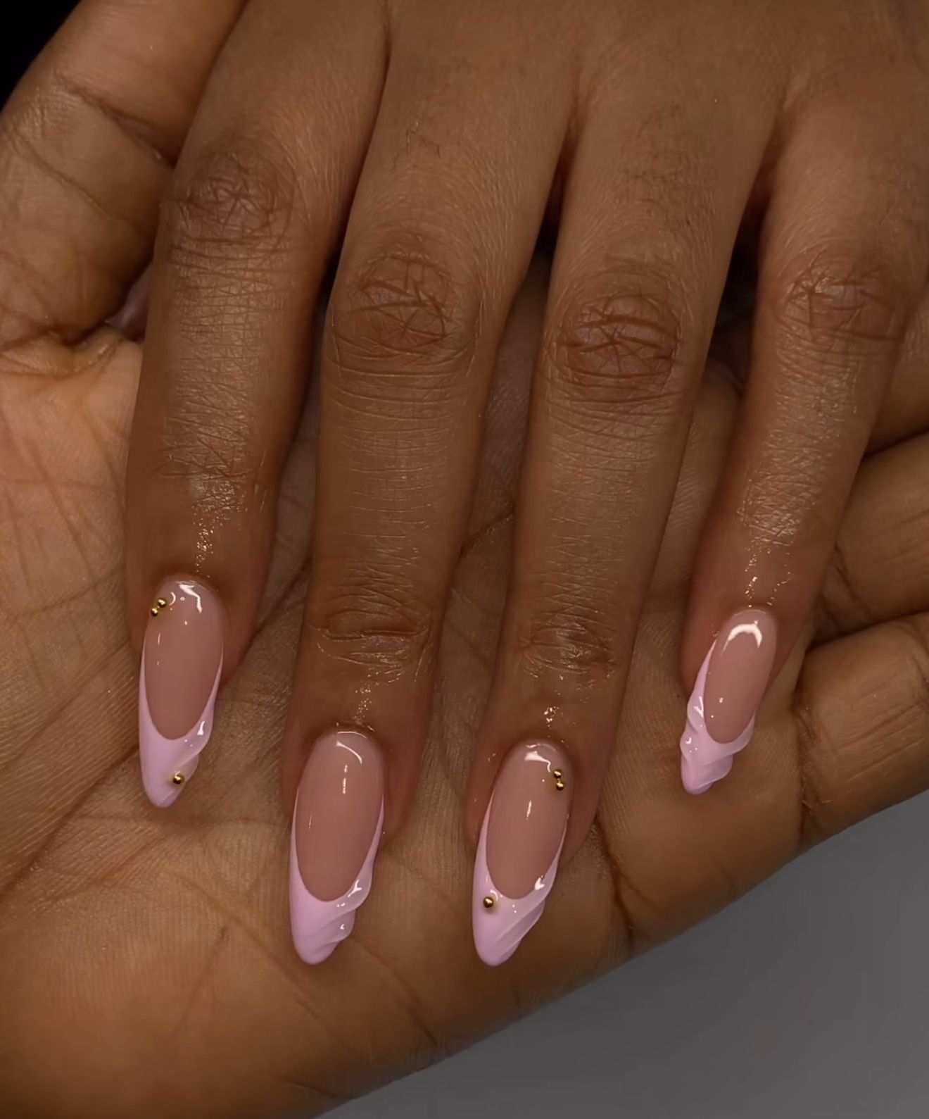 Almond Nails Pink 3d Swirl French Gold Studs