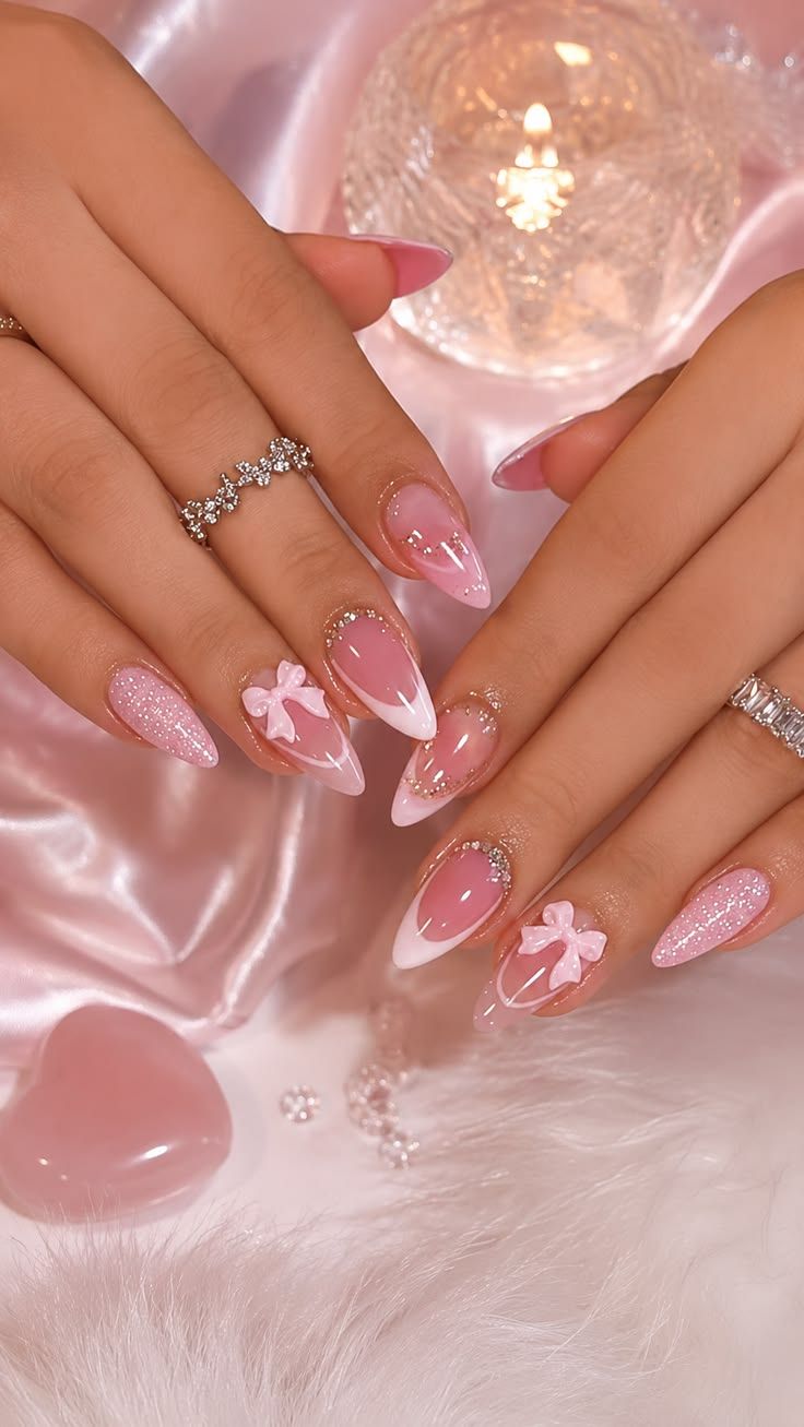 Almond Nails Pink Glitter 3d Ribbon Bow