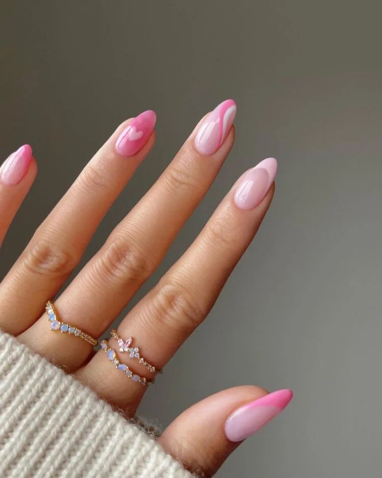 Almond Nails Pink Heart Swirl French
