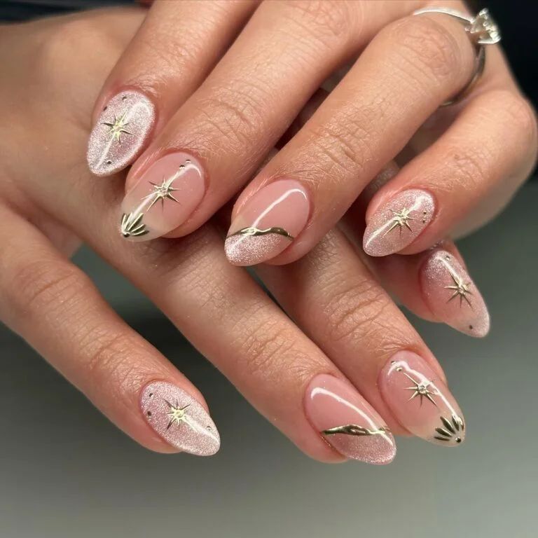 Almond Nails Rose Gold Glitter Starburst Celestial