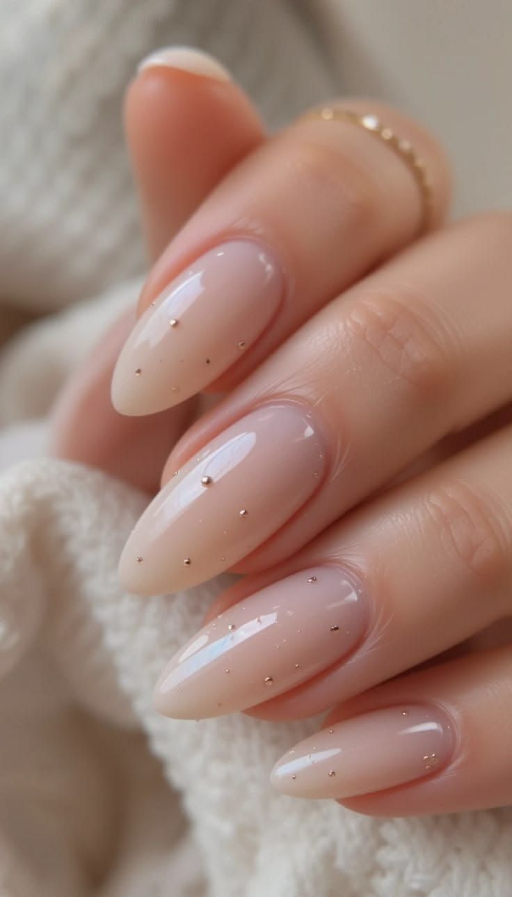 Almond Nails Timeless Milky Nude Gold Studs