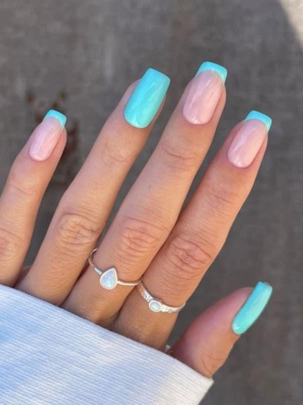 Aqua Blue French Tip Square Nails