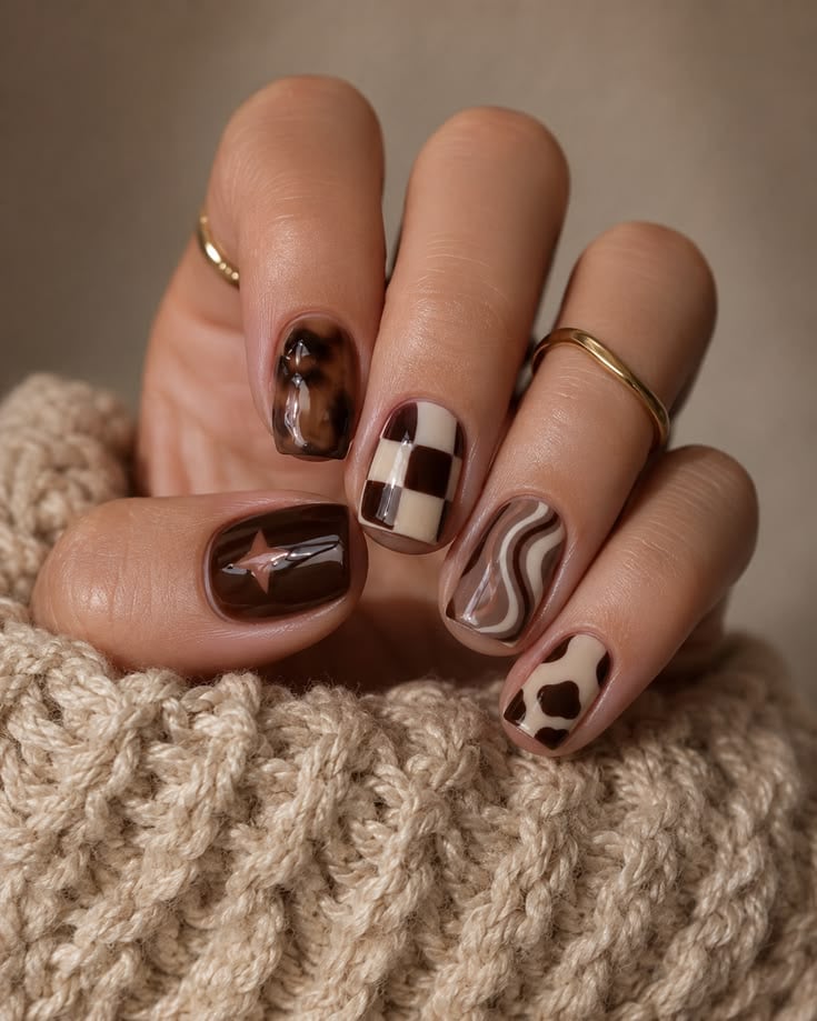 Autumn Brown Mix Match Nails