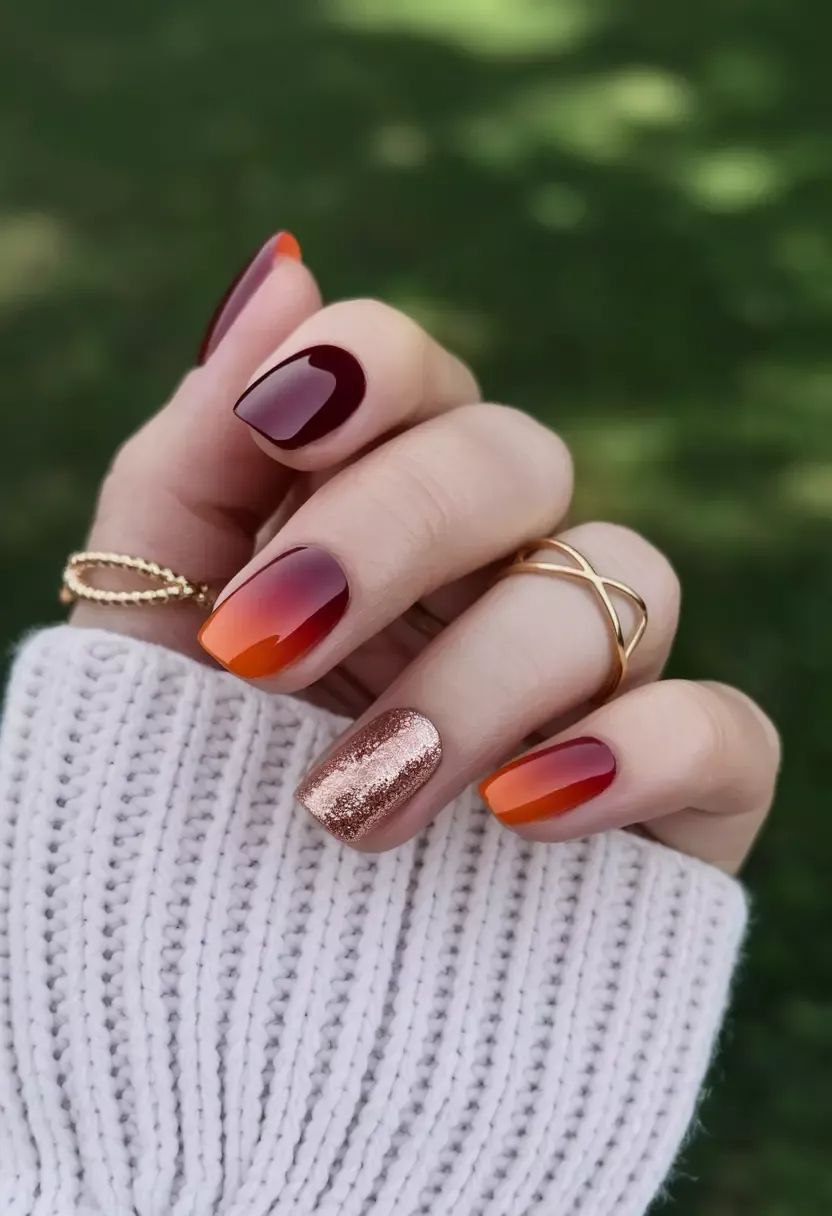 Autumn Burgundy To Orange Ombre Nails With Rose Gold Glitter