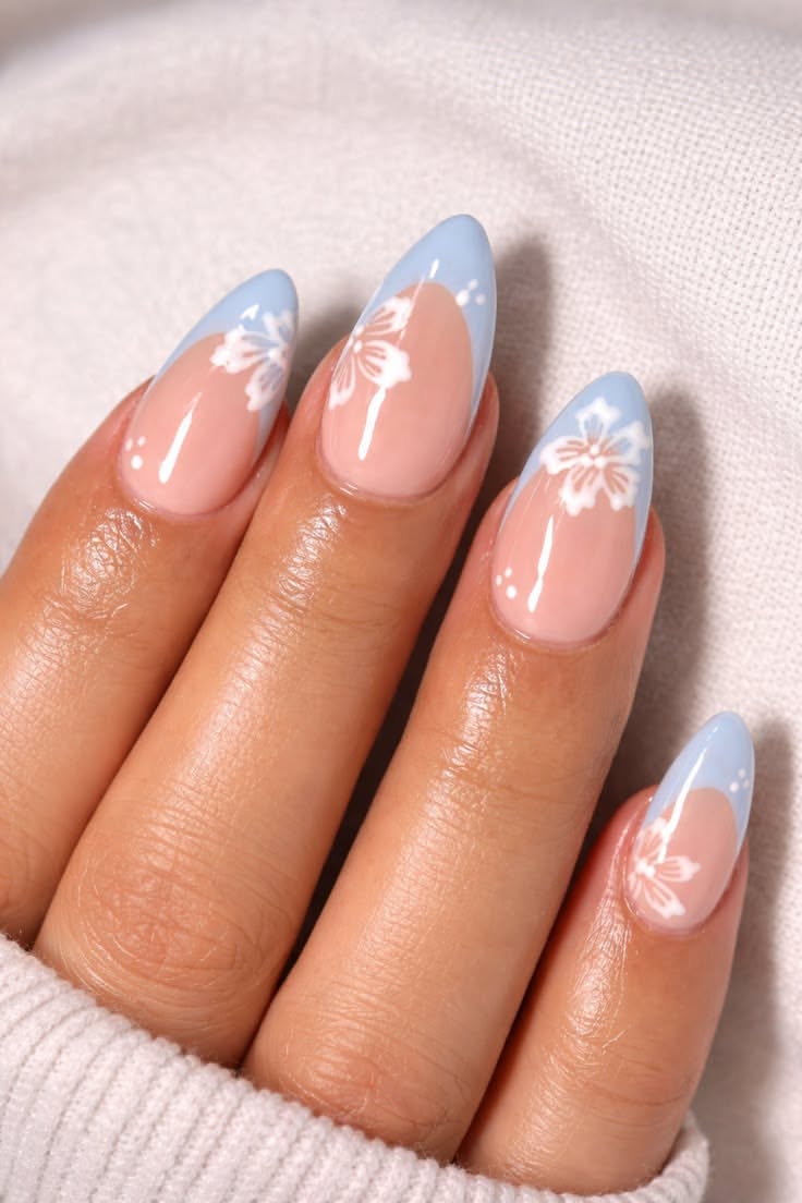 Baby Blue Floral French Tip Almond Nails