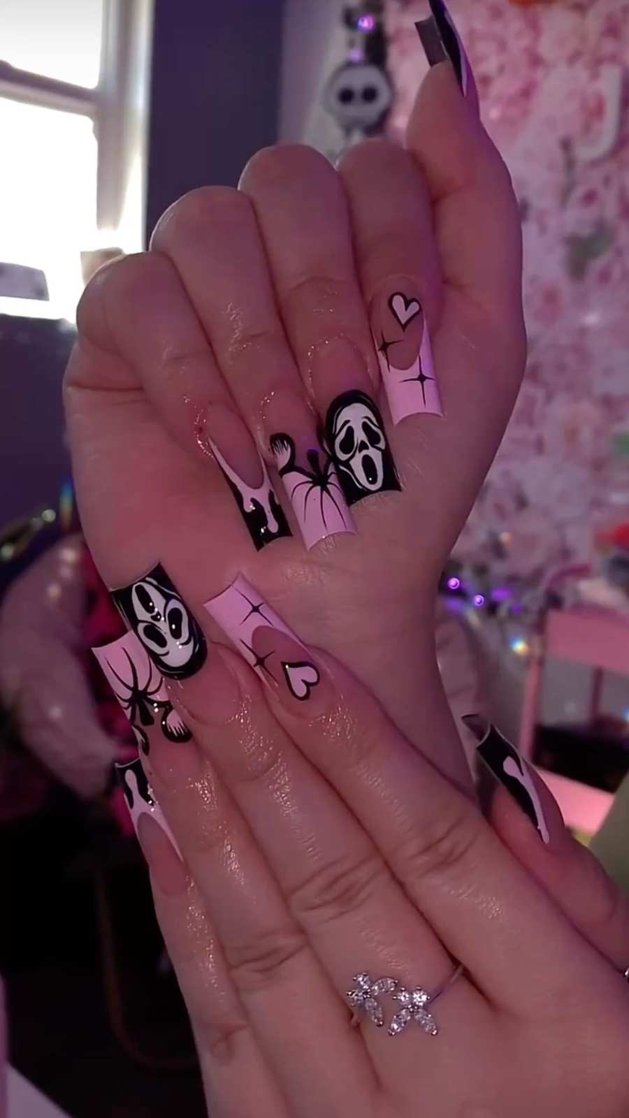 Baby Pink And Black Scream Ghostface Halloween Square Acrylic Nails