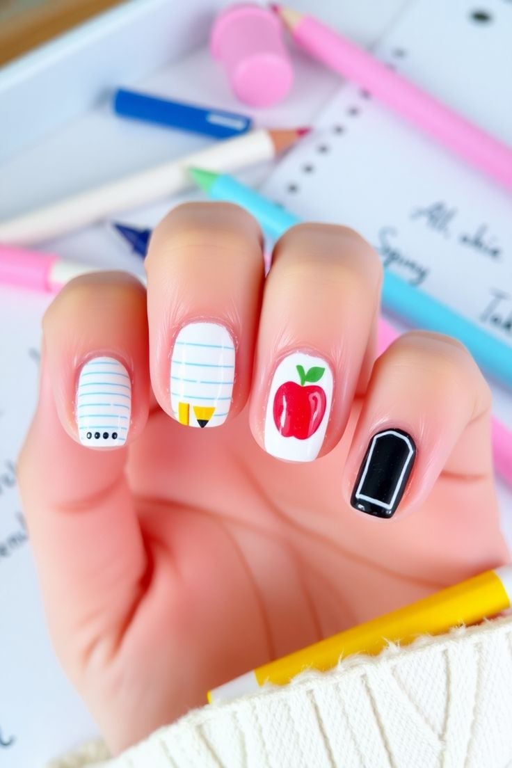 Colorful short round nails painted with bright A B C letters and shiny finish for school.