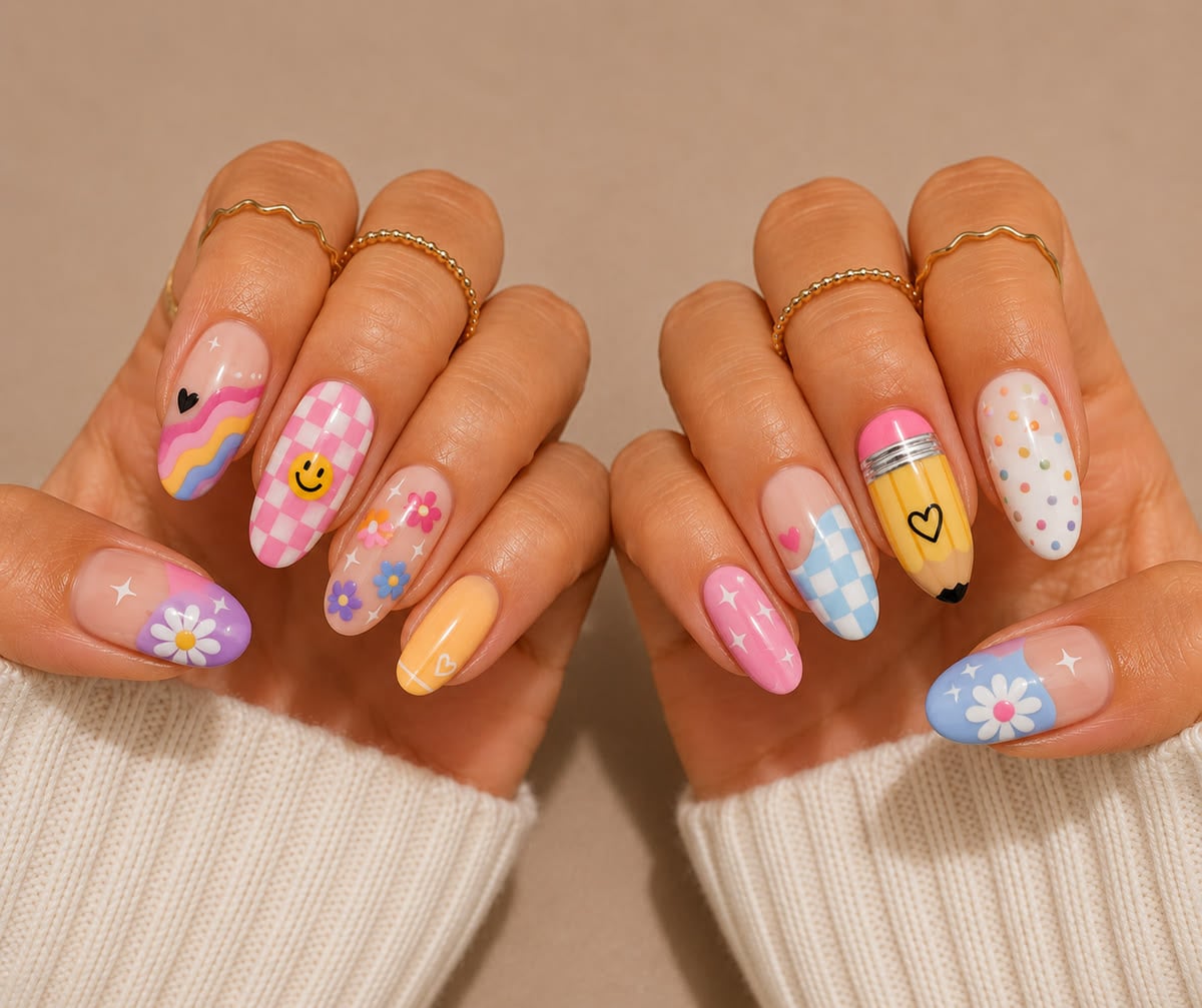 Medium almond nails with black and white speckling resembling a school composition notebook cover.