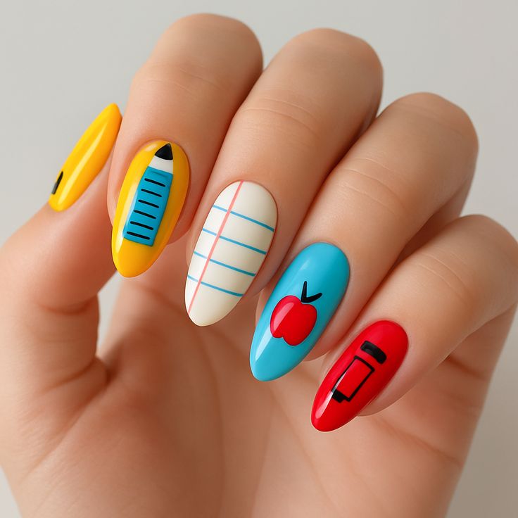 Square nails with red, yellow, and blue blocking and glossy topcoat for back to school.