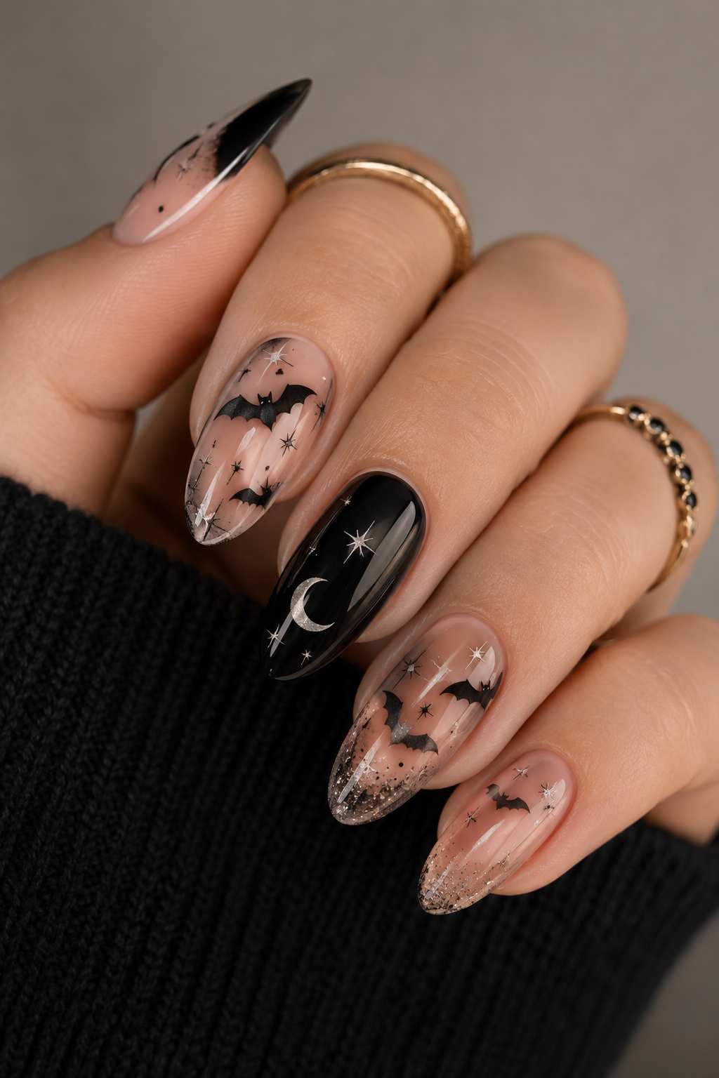 Black Bats And Crescent Moon Witchy Halloween Nails