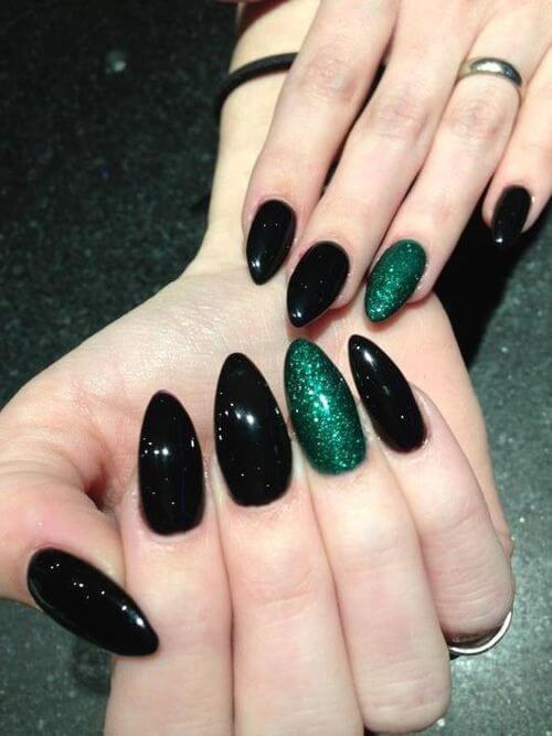 Black Emerald Glitter Almond Nails