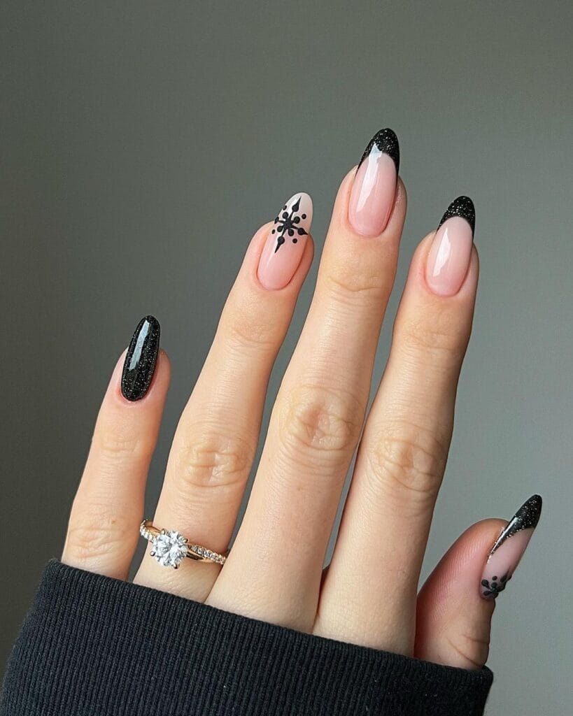 Black French Snowflake Almond Nails
