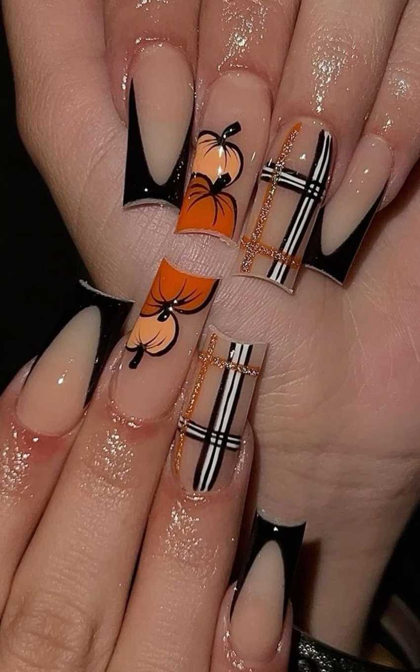 Black French Tip Orange Pumpkin And Plaid Fall Nails