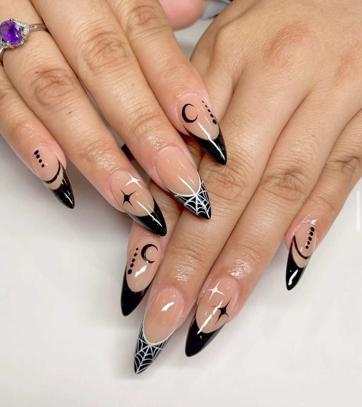 Black French Tip Spiderweb And Moon Witchy Halloween Nails