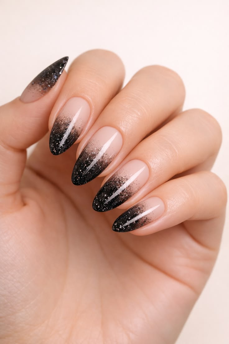 Black Glitter Ombre Almond Nails