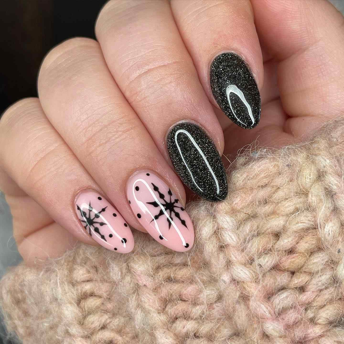 Black Glitter Pink Snowflake Nails