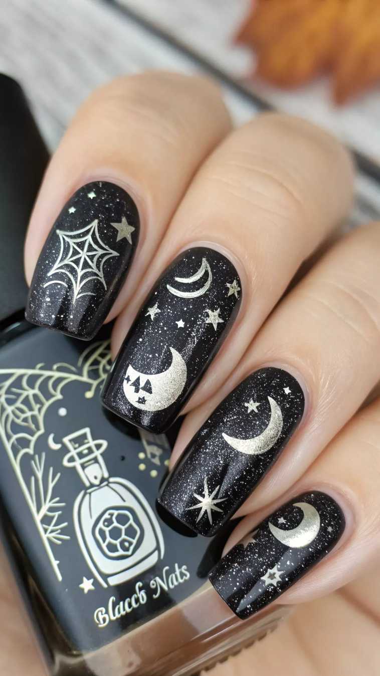 Black Glitter Silver Celestial Moon Witchy Halloween Nails