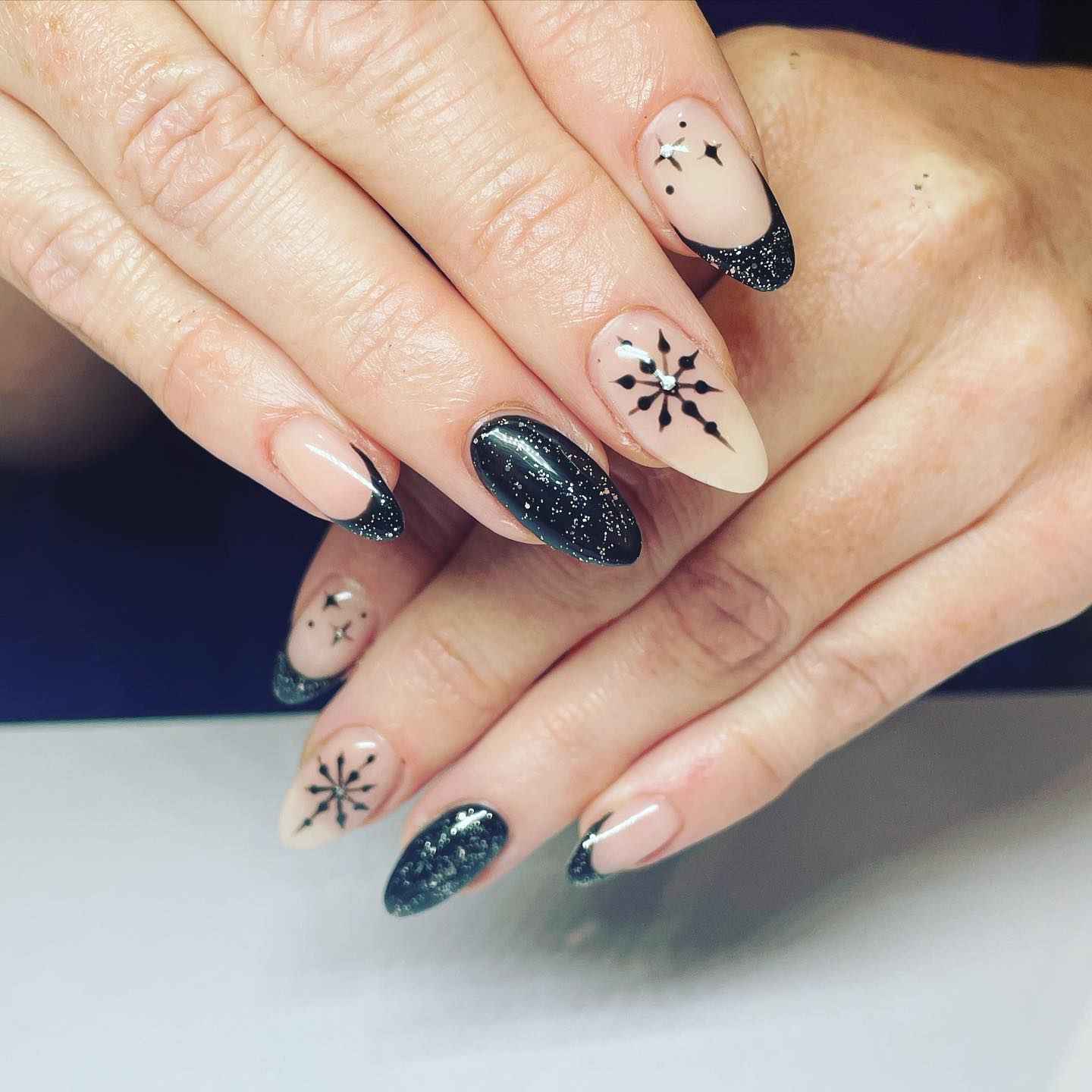 Black Glitter Snowflake Almond Nails