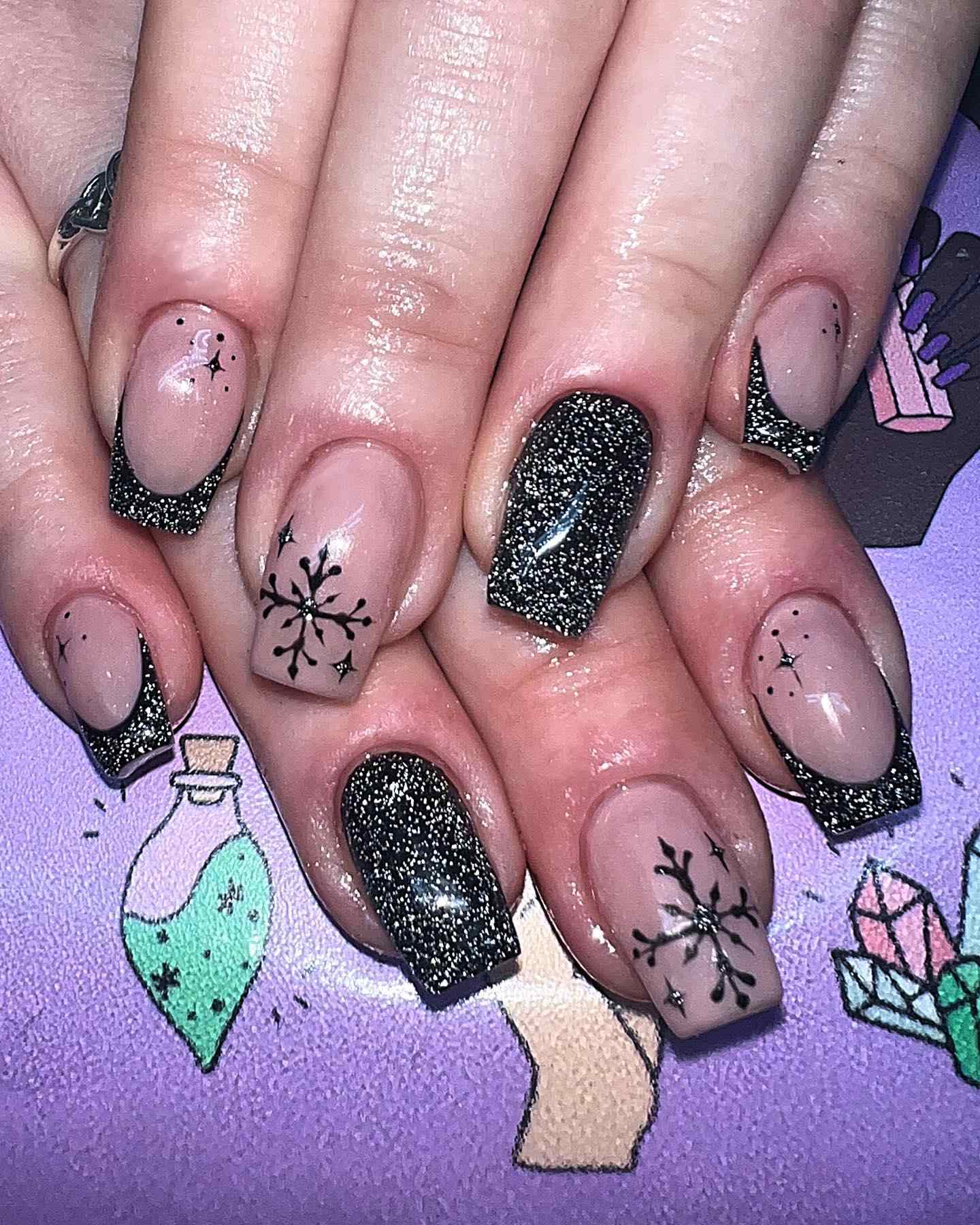 Black Glitter Snowflake Square Nails