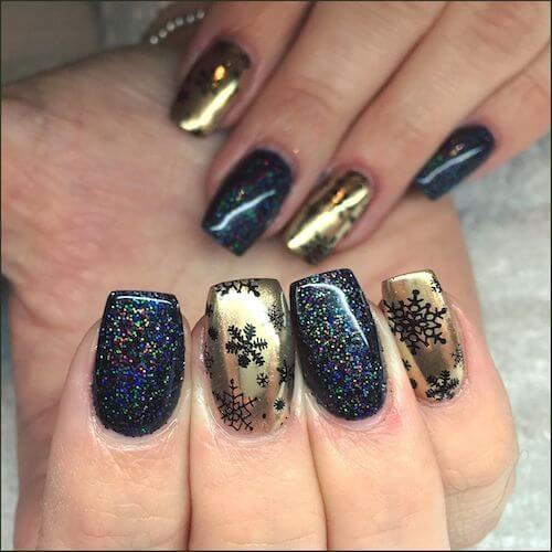Black Gold Glitter Snowflake Nails