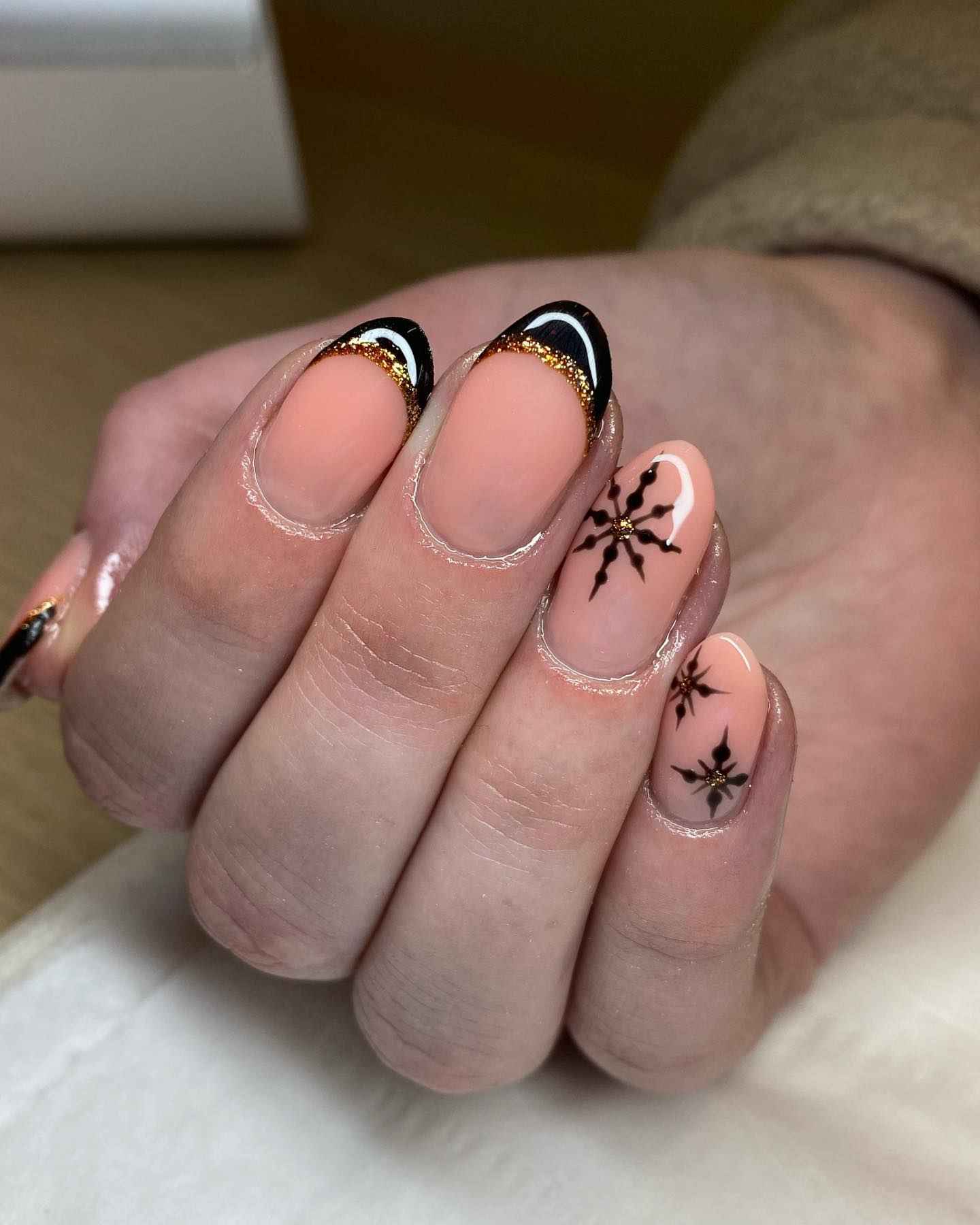 Black Gold Snowflake French Nails