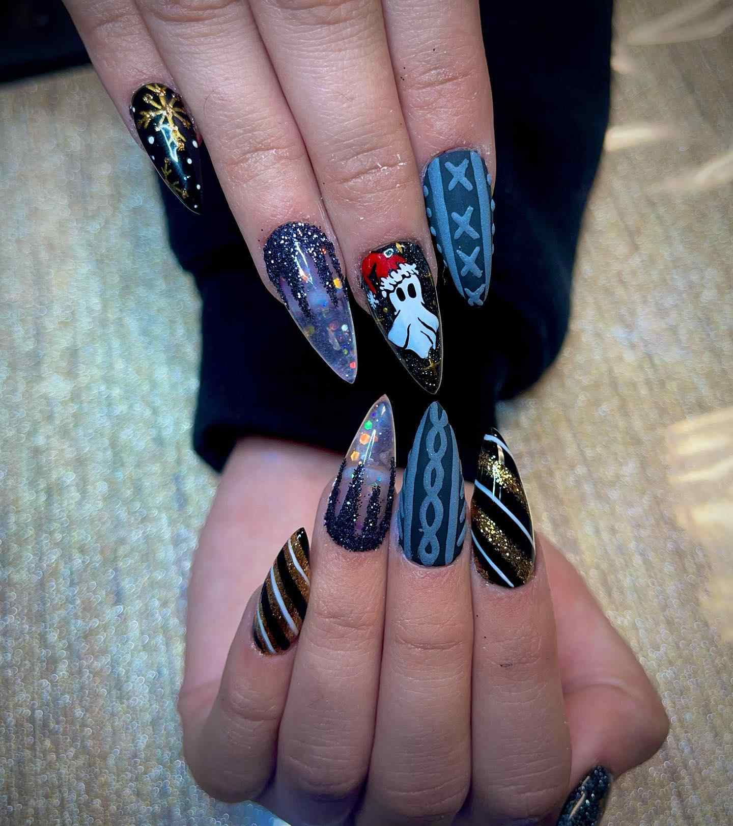 Black Gold Snowflake Stiletto Nails