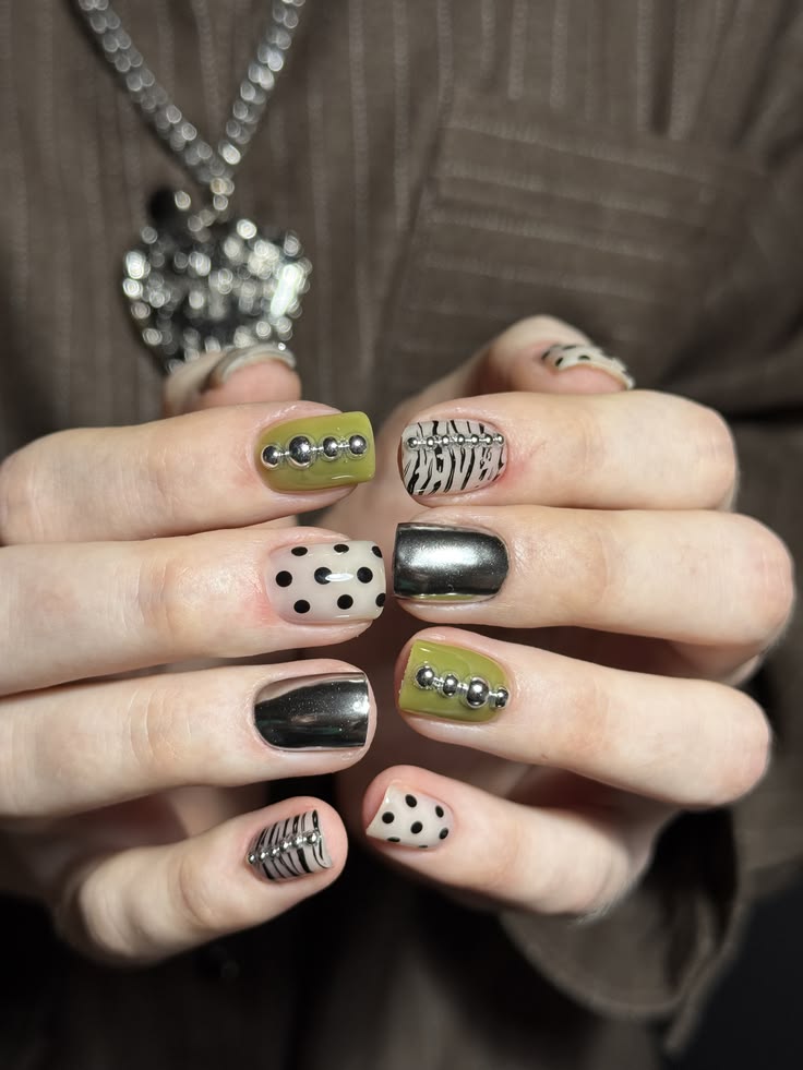 Black & Green Checker Nails
