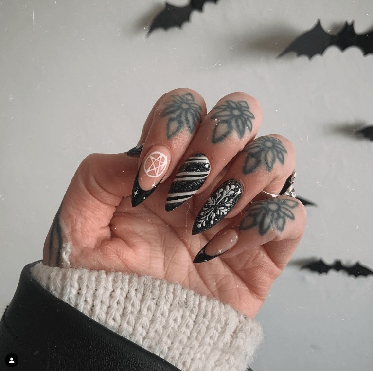 Black Nude Snowflake Stiletto Goth Nails