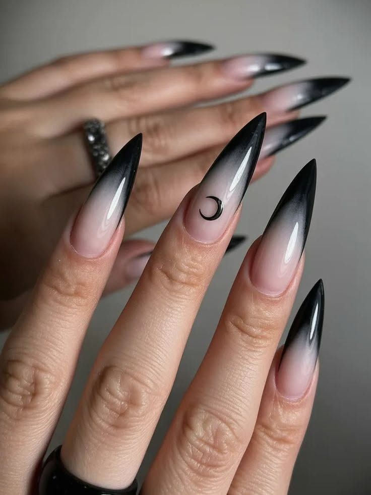 Black Ombre Crescent Moon Stiletto Halloween Nails