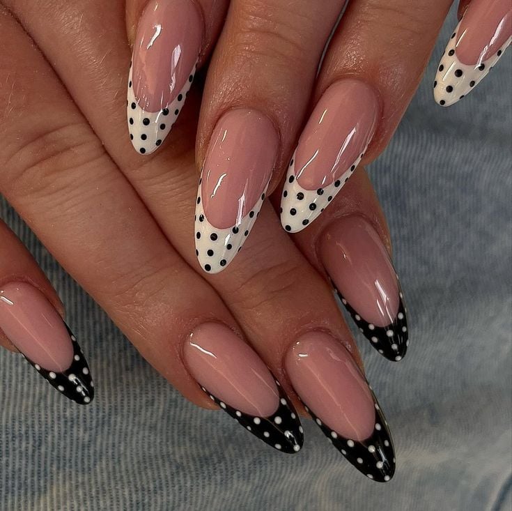 Classic black polka dot french tips on square glossy nails designed for casual street style.