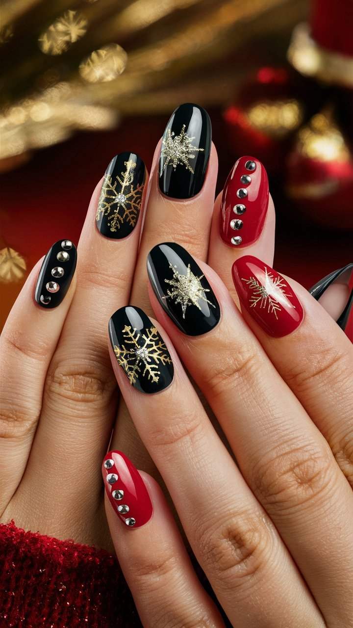 Black Red Gold Snowflake Goth Nails