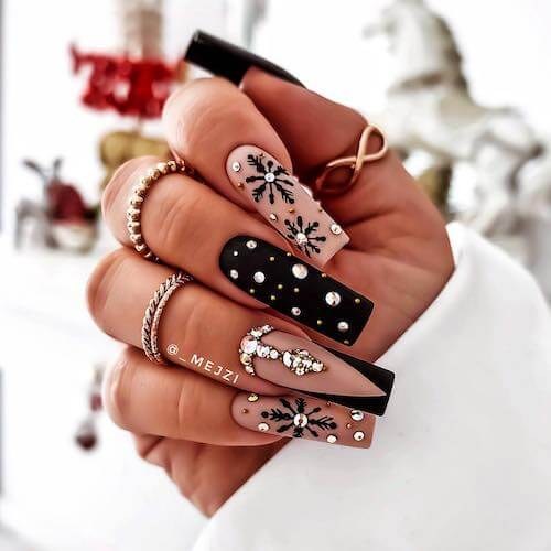Black Rhinestone Pink Marble Nails