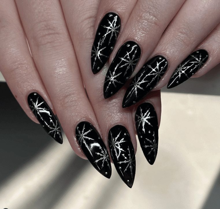 Black Silver Starburst Stiletto Goth Nails