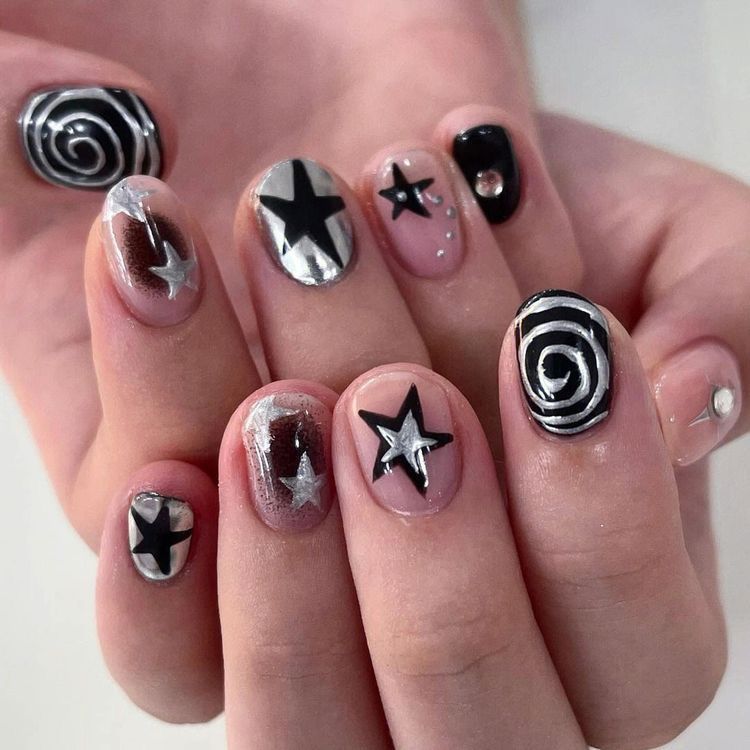 Black & Silver Swirl Nails