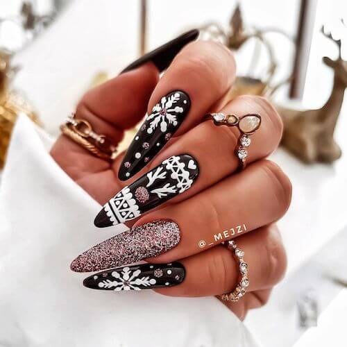 Black Snowflake Pink Glitter Nails