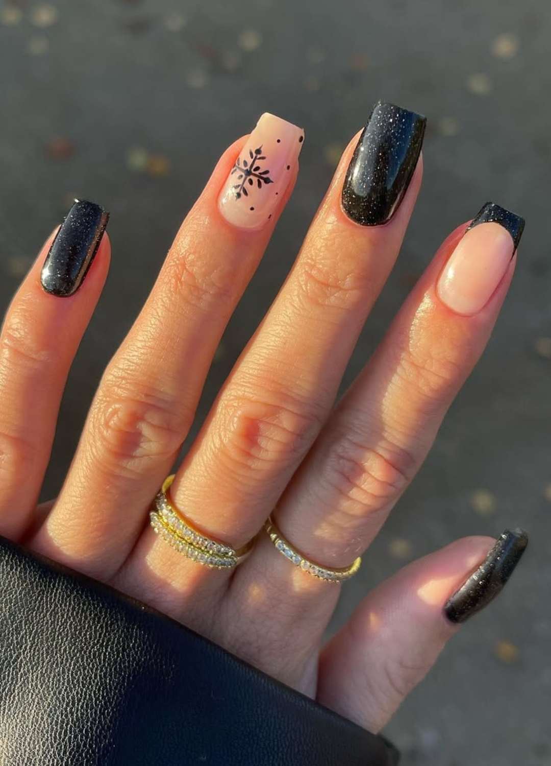 Black Snowflake Sparkle Holiday Nails
