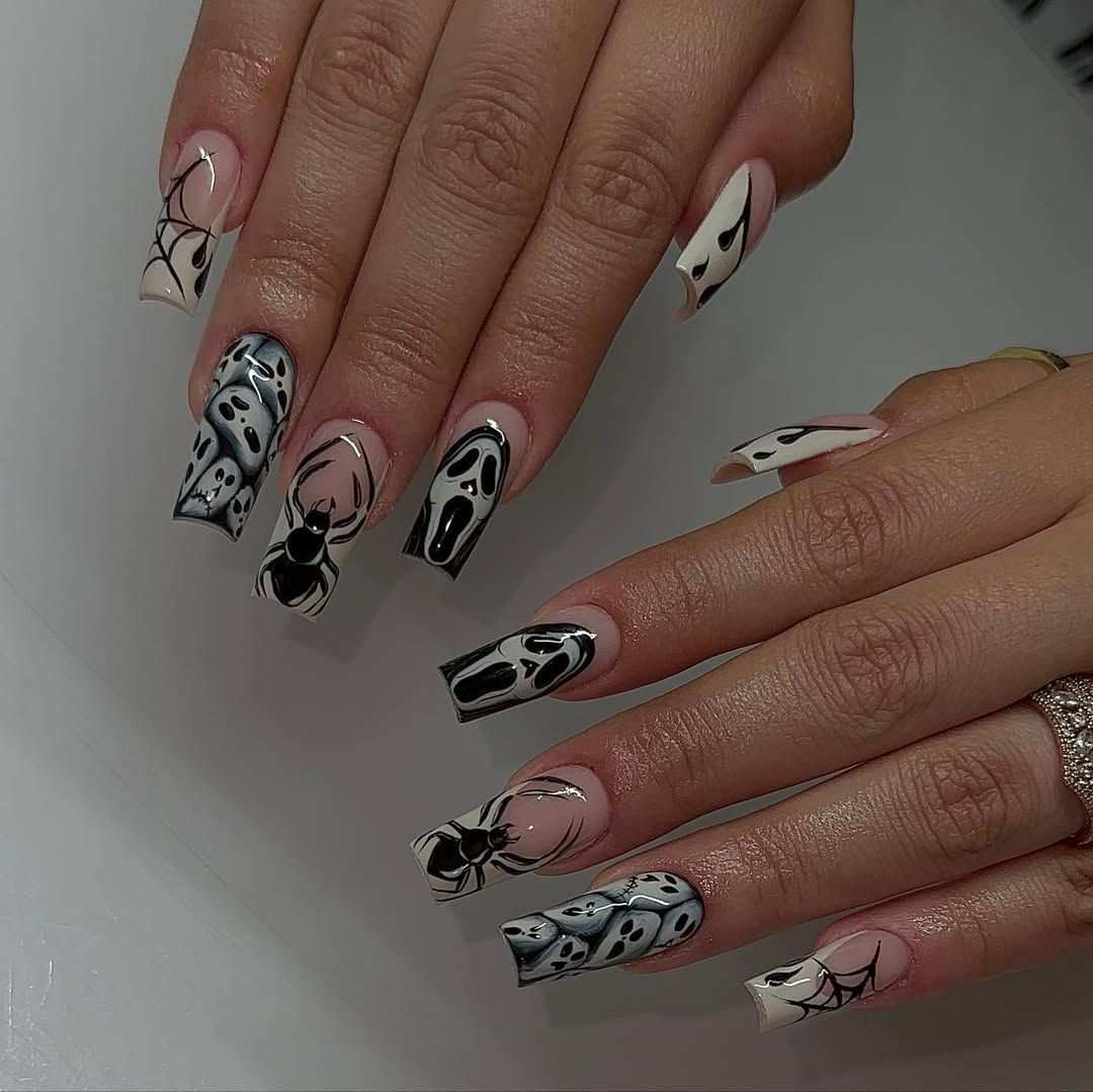 Black Spider And Ghostface Square Halloween Nails